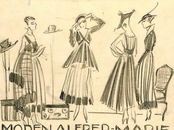 Erstaunlich elanvolle Entwurfsskizzen von Annie Offterdinger für das Modehaus Alfred-Marie.