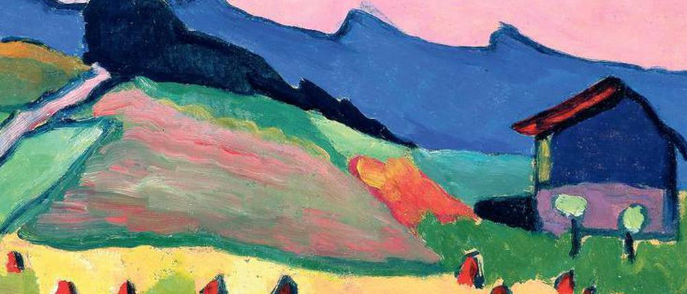 Lichtzauber im Gebirge. Gabriele Münters Gemälde „Landschaft mit Hütte im Abendrot“ entstand 1908 in der Umgebung von Murnau. 