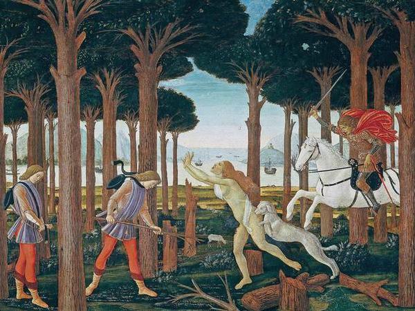 Jäger und Beute: Das erste Bild des grausamen allegorischen Zyklus' „Das Gastmahl des Nastagio degli Onesti“ (1487, Prado) von Botticelli.