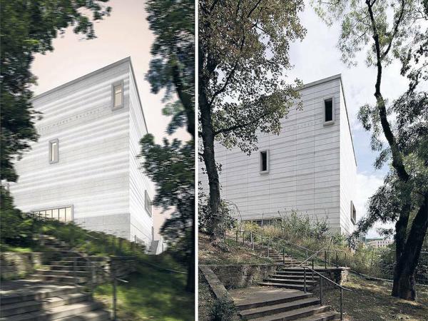 Das neue Bauhaus-Museum mit brutalistischer Fassade vom Park aus gesehen.