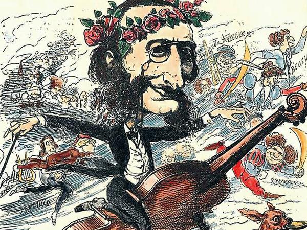 Komiker mit Cello. Jacques Offenbach in einer Karikatur von André Gill, Jahr 1866. 