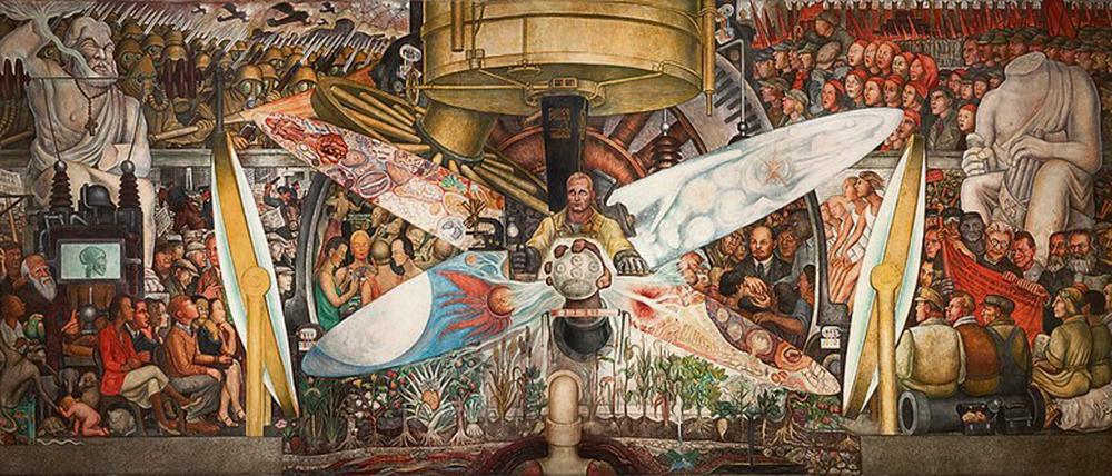 Diego Rivera, „Der Mensch, Meister des Universums“, Wandbild von 1934 im Palast der Schönen Künste (INBAL) in Mexico City.