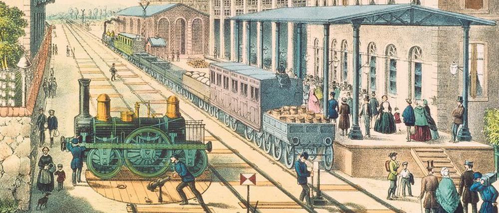Der Potsdamer Bahnhof in Berlin-Mitte war 1838 als Endpunkt der ältesten Eisenbahnlinie Berlins zwischen Berlin und Potsdam eröffnet worden. Farblithografie von 1845. 