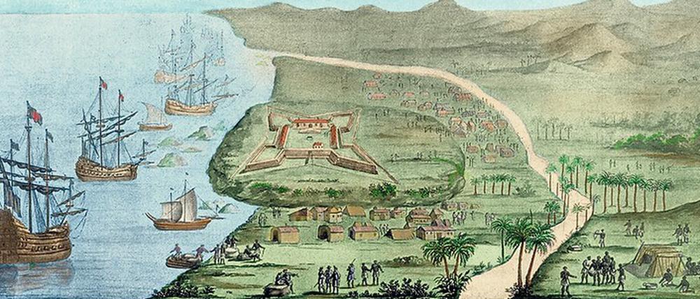Groß Friedrichsburg im heutigen Ghana, hier auf einer Zeichnung von 1688, war der Hauptort der Kolonialbestrebungen.
