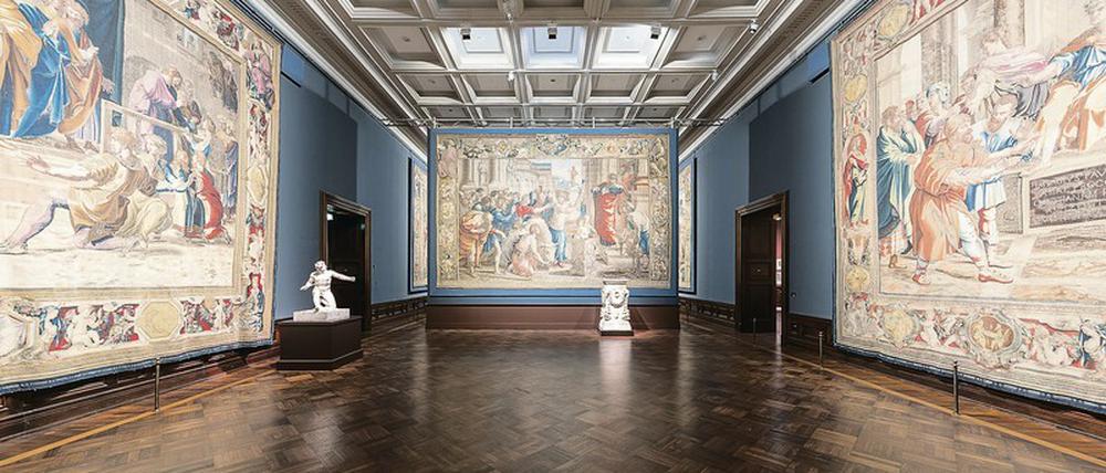 Wolle, Seide, Leinen. Die Teppiche dürfen aus konservatorischen Gründen nur selten in der Gemäldegalerie Alte Meister gezeigt werden.