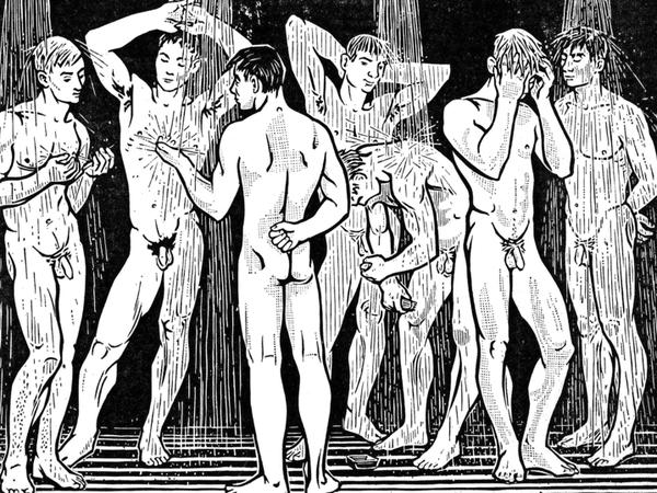 Vibrierendes Begehren. Im Holzschnitt „Unter der Dusche“ von Jürgen Wittdorf gibt es auch eine homoerotische Lesart.