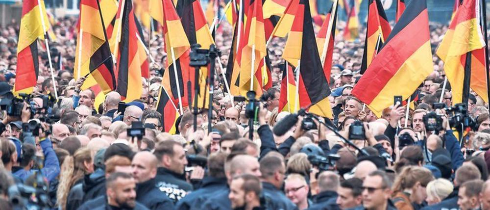 Unter einer Flagge. AfD-Politiker demonstrieren im September 2018 gemeinsam mit Neonazis und dem ausländerfeindlichen Bündnis Pegida in Chemnitz.