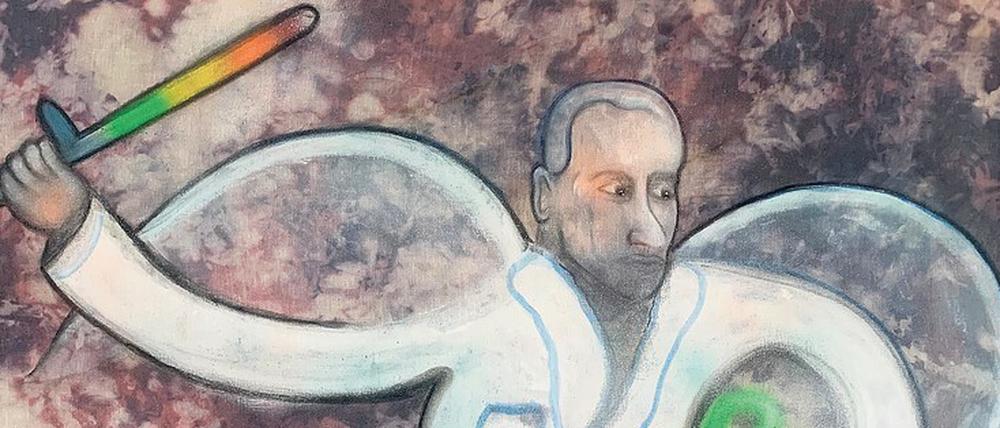 Putins Regenbogen-Schlagstock. Der Künstler Stepan Myannik betont, dass es sich bei seinem Gemälde trotz gewisser Ähnlichkeiten um den Erzengel Michael handelt.
