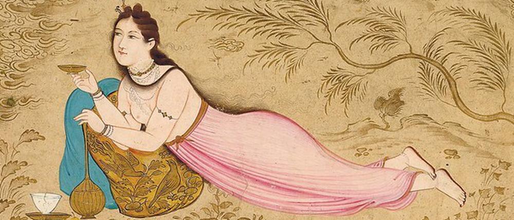 Wein trinkende Dame. Papierarbeit von Mu’in Musawir mit Tinte, Farbpigmenten und Gold aus Isfahan aus dem Jahr 1672.