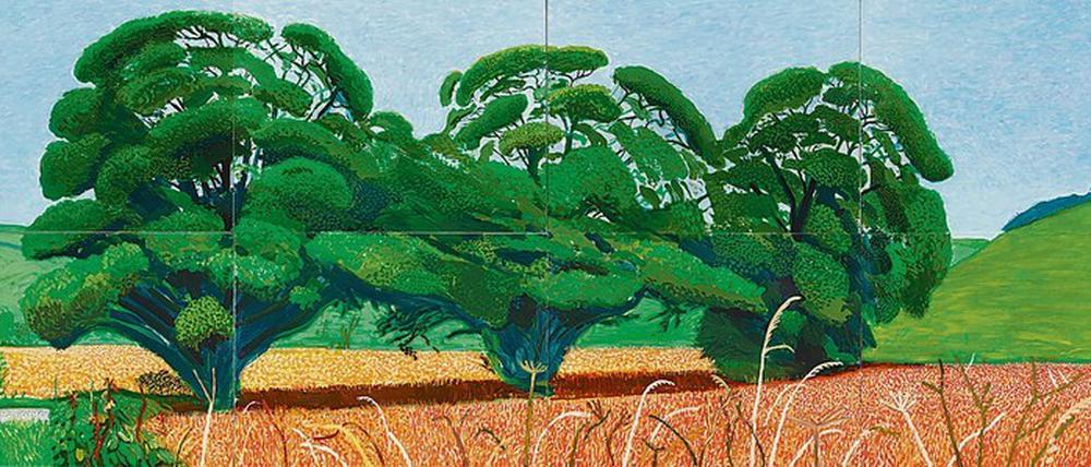 Plakative Pracht des Sommers. David Hockneys Gemälde „Three Trees near Thixendale, Summer 2007“ besteht aus acht Leinwänden. 