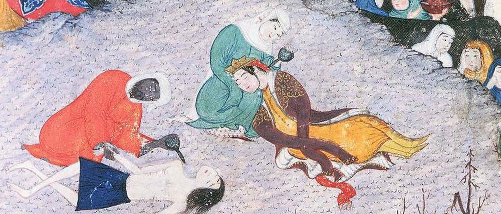 Ohnmacht beim Wiedersehen. Leila und Madschnun in einer persischen Miniatur aus dem 15. Jahrhundert.
