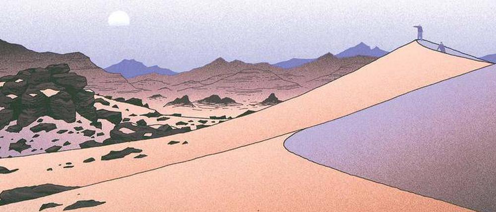 Einst lebten hier Elefanten. Das Sandmeer der Sahara, gemalt von Vincent Mahé – eine von insgesamt 20 faszinierenden Landschaften weltweit aus dem Buch „Wüsten, Berge, Fjorde“.