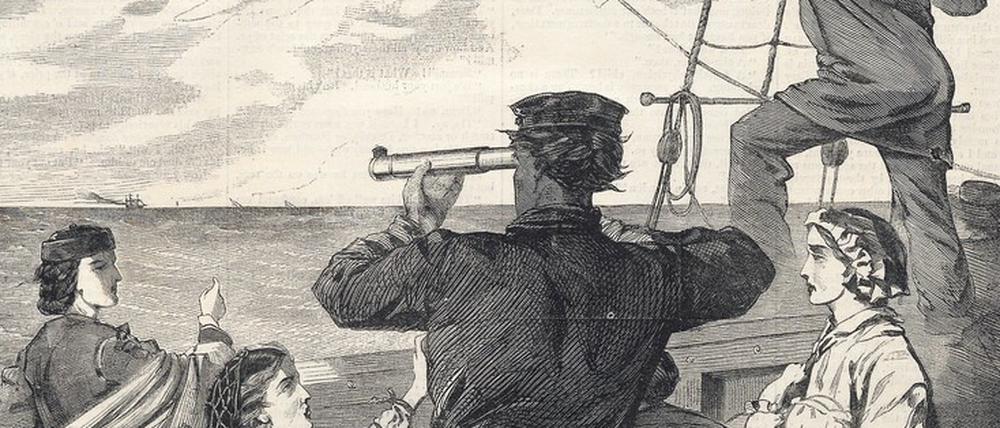 Achtung, Piraten! Passagiere eines amerikanischen Schiff beobachten die Annäherung der britischen Alabama. Holzschnitt von Winslow Homer (1863).