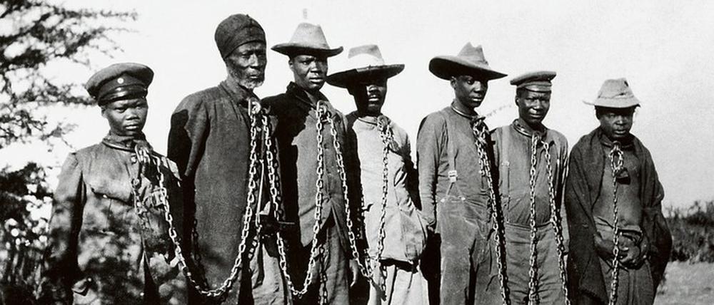 Elend in deutschen Ketten. Gefangene des Herero-Aufstands von 1904 in Deutsch-Südwestafriak, dem heutigen Namibia.