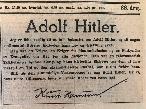 Knut Hamsuns Nachruf auf Hitler in der Zeitung "Aftenposten".