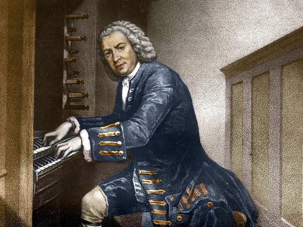 Johann Sebastian Bach (1685 - 1750) an der Orgel - eine undatierte Radierung aus dem 19. Jahrhundert. 