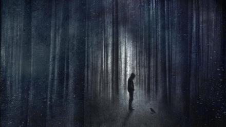 Mann steht im dunklen Wald mit einem Raben