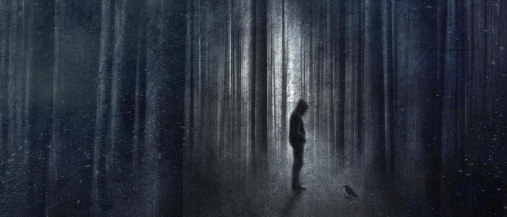 Mann steht im dunklen Wald mit einem Raben