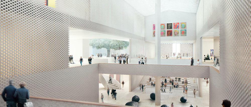 Das Herzstück. Im Museumsgebäude von Herzog &amp; de Meuron kreuzen sich die Wege zu den Anrainern des Kulturforums in einer großen Halle. 