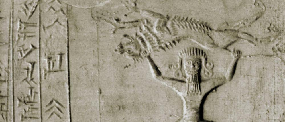 Siegel aus Mesopotamien aus dem 9. Jahrhundert v. Chr. Es zeigt Gilgamesch, der einen Löwen stemmt. 