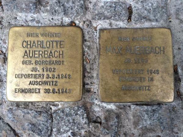 Stolpersteine in memory of Frank Auerbach's parents Charlotte and Max Auerbach who were killed by the Nazis. These stones are laid in front of Güntzelstraße 49 in Berlin's Wilmersdorf district, where Frank and his parents lived in the 1930s.