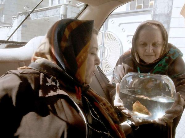 Zwei Fahrgäste im Taxi von Jafar Panahi. Die Goldfische müssen bis um 12 Uhr in eine heilige Quelle, sonst droht großes Unglück.