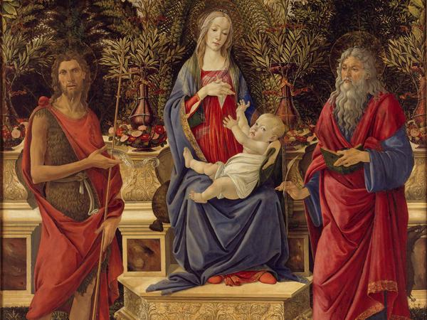 Thronende Maria mit dem Kind und den beiden Johannes (Bardi-Altar). Gemälde auf Pappelholz (1484/1485) von Sandro Botticelli [um 1445- 1510]. 