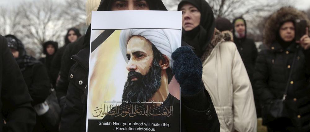 Muslime in den USA protestieren gegen die Hinrichtung des schiitischen Geistlichen al-Nimr in Saudi-Arabien. 