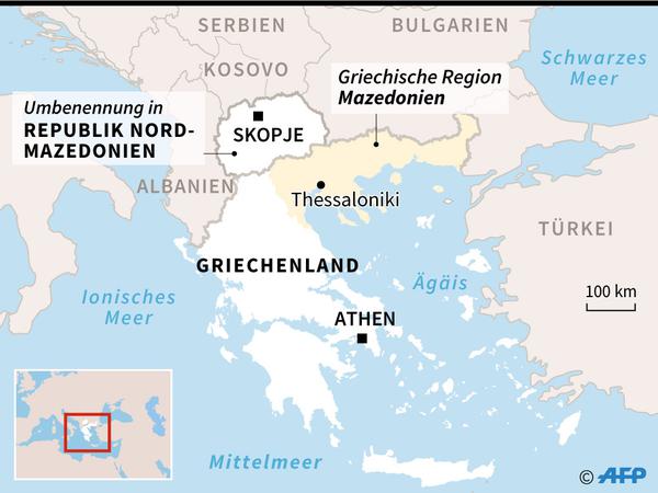 Die künftige Republik Nordmazedonien und Griechenland: Karte. / AFP / AFP