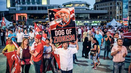 Ein Erdogan-Anhänger mit einem Plakat gegen den Prediger Fethullah Gülen bei einer Demonstration im Juli 2016 in Istanbul.