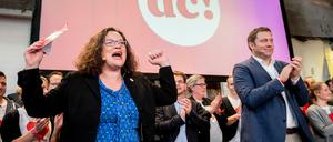 Ekstase auf dem SPD-Debattencamp: Parteichefin Andrea Nahles war jedenfalls guter Laune.