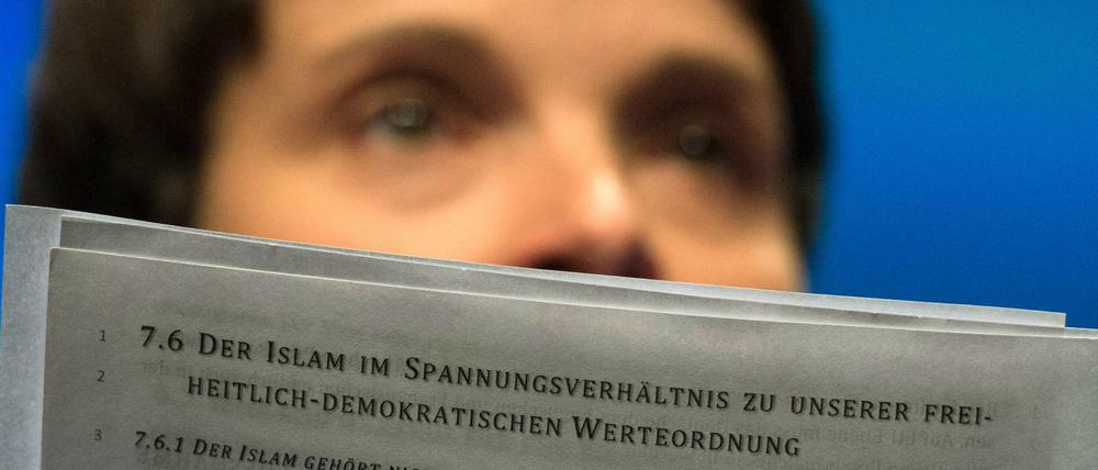 Die AfD-Parteivorsitzende Frauke Petry mit einem Dokument zum Anti-Islam-Kurs der Partei.
