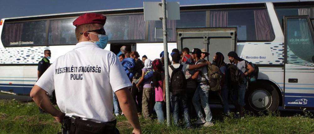 Ein ungarischer Polizist überwacht Flüchtlinge an der Bahnstrecke in Röszke an der Grenze zu Serbien. 