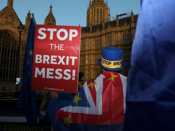 Ein Anti-Brexit-Demonstrant vor dem britischen Parlament. 