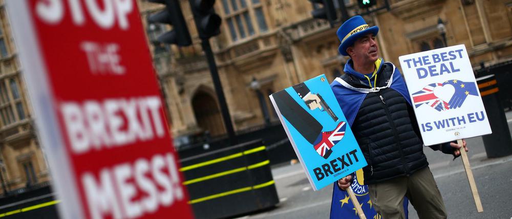 Ein Demonstrant gegen den EU-Austritt vor dem Parlament in London.