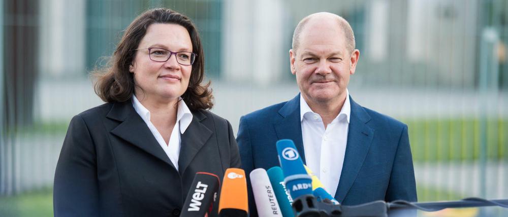 SPD-Chefin Andrea Nahles und Finanzminister Olaf Scholz (SPD) nach dem Treffen des Koalitionsausschusses
