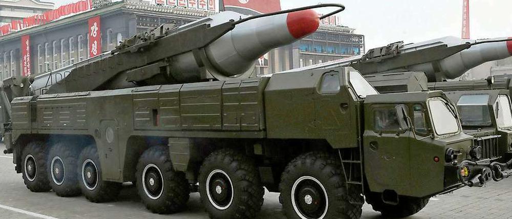 Bedrohungspotenzial. Eine nordkoreanische Rakete vom Typ Musudan während einer Militärparade in Pjöngjang 