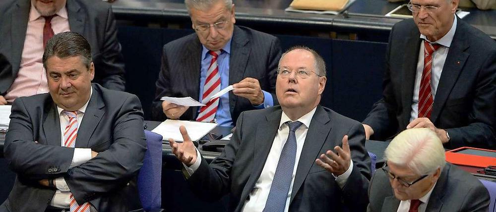 Peer Steinbrück ringt bei der Generaldebatte im Bundestag um ein Lob für den Euro-Kurs seiner Partei.
