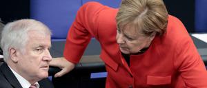 Kanzlerin Angela Merkel (CDU) und Innenminister Horst Seehofer (CSU) unterhalten sich Bundestag.