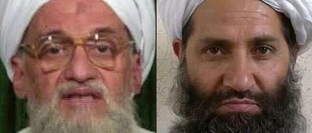 Der Chef des Terrornetzwerkes Al Qaida, Aiman al Sawahiri (l.), und der neue afghanische Talibanchef Mullah Haibatullah Achundsada.