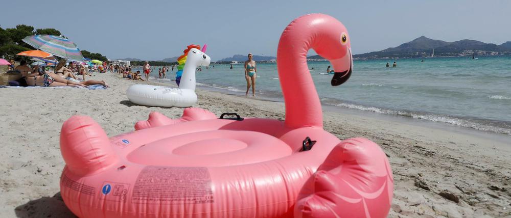 Ein aufblasbarer rosa Flamingo liegt am Strand von Playa de Muro im Norden von Mallorca. (Symbolbild)