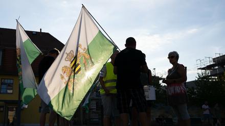 Teilnehmer einer Kundgebung der rechtsextremen Kleinstpartei "Freie Sachsen" am 9. August 2022 in Heidenau.