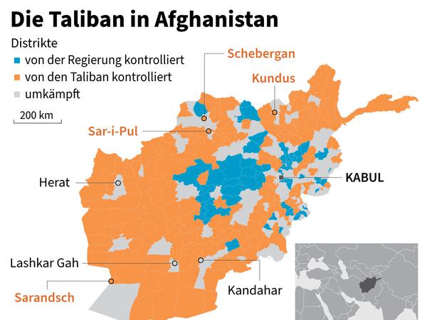 Nordafghanische Provinzhauptstadt Kundus von Taliban erobert: Karte mit aktueller Gebietskontrolle. / AFP / Thorsten EBERDING