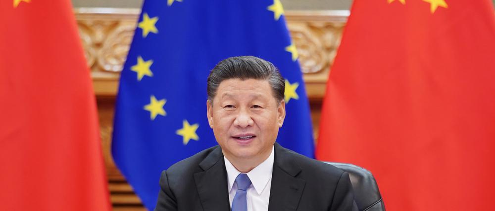 Chinas Präsident Xi Jinping bei einer Videokonferenz mit EU-Vertretern im Dezember 2020