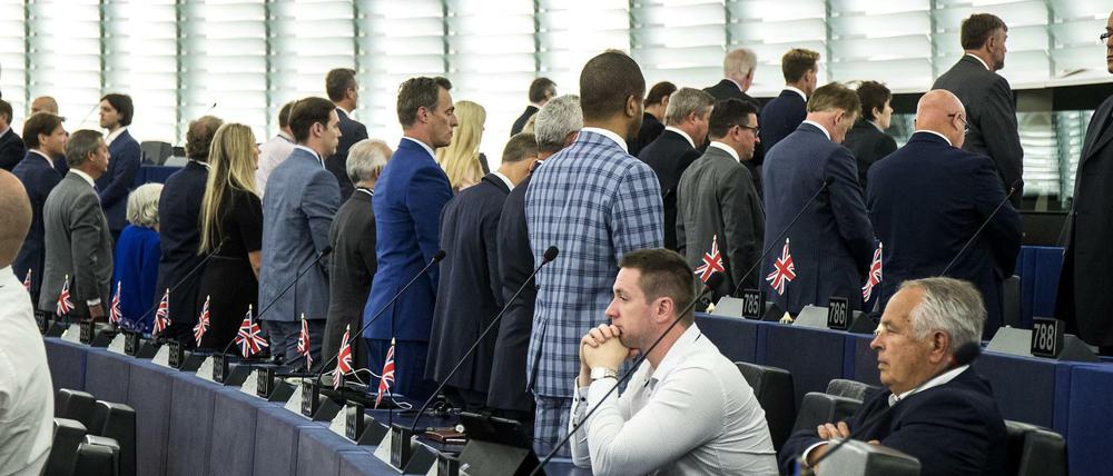Die Mitglieder im Europäischen Parlament für die Brexit-Partei von Großbritannien kehren dem Parlament den Rücken zu.