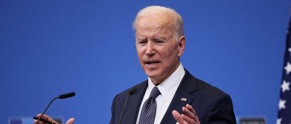 US-Präsident Joe Biden nimmt an einer Pressekonferenz nach dem NATO-Sondergipfel in Brüssel teil.