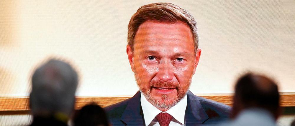 Finanzminister Lindner virtuell zugeschaltet auf dem FDP-Parteitag. 