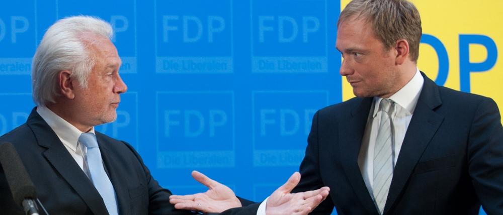 Schleswig-Holsteins damaliger FDP-Fraktionsvorsitzender Wolfgang Kubicki und der damalige FDP-Spitzenkandidat für die NRW-Wahl Christian Lindner 2012 in Berlin.