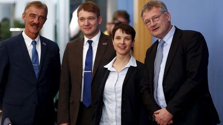 Prekäres Bündnis. André Poggenburg (zweiter von links) und Jörg Meuthen (ganz rechts) trennen Welten. In der Mitte AfD-Vorsitzende Frauke Petry. 