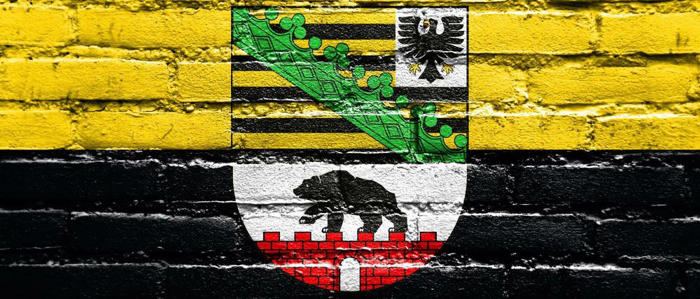 Sachsen-Anhalts Flagge auf einer Mauer.